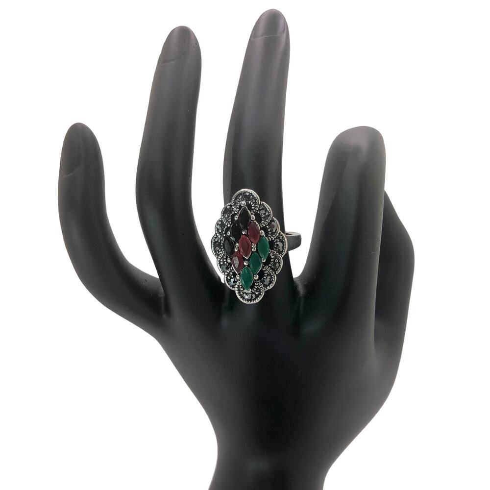Silver and Multicolor Rhinestone Statement Ring - Size 7.5 - Picture 2 of 7